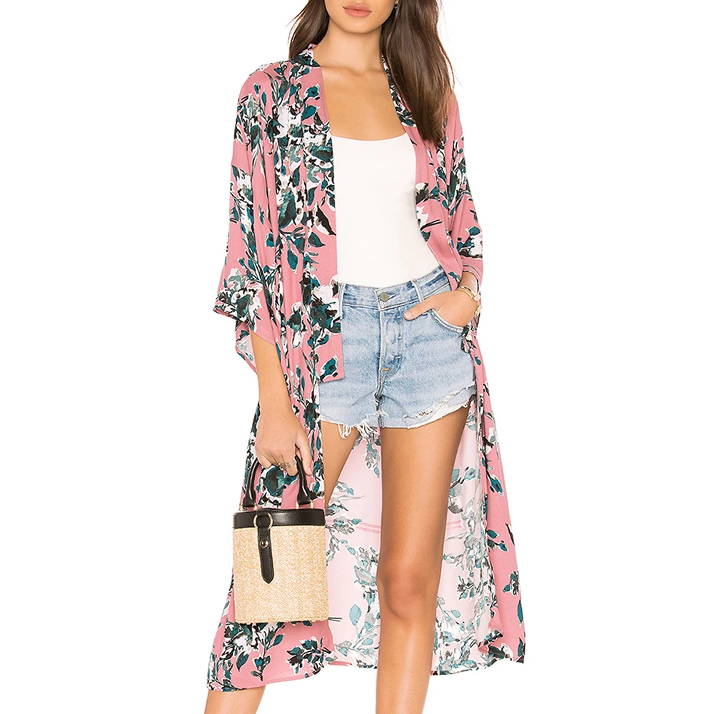 

2018 BB&KK New Women Chiffon Kimono Cardigan Floral Printed Long Sleeve Belt Casual Loose Long Outerwear Cover Up