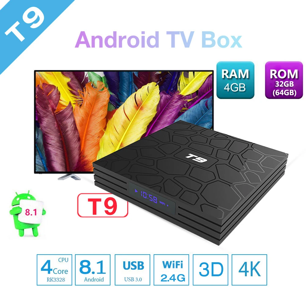 

T9 2018 New Update Android 8.1 TV Box RK3328 Quad Core 4GB RAM 64GB ROM USB 3.0 WiFi Media Player H.265 4K HD Smart Set Top Box