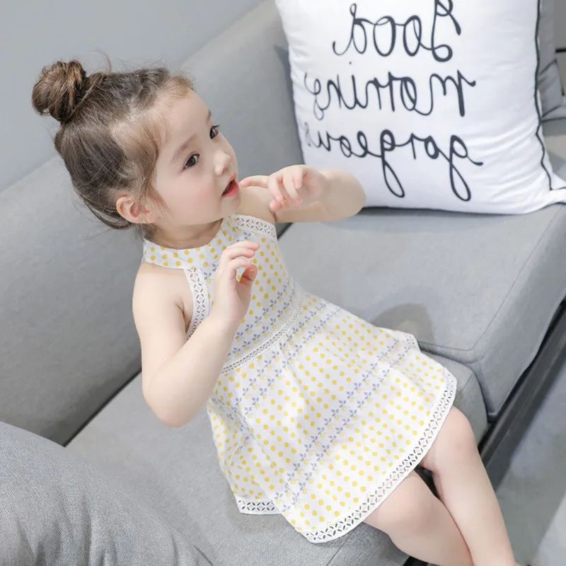 

Summer Girls Sleeveless Dresses Yellow Dot Print Vest Dress Girl Party Wedding Vacation Dress Children Kids Costumes Clothing