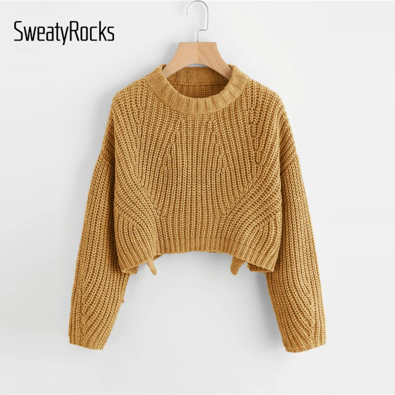 En Ligne SweatyRocks gingembre aéré bord Chunky tricot Crop Jumper à manches longues Split pulls hauts 2018 automne femmes chandails décontracté és