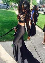 CYF64 Robe de soiree Langarm Schwarz Meerjungfrau Zwei Stück Prom Kleider 2016 Sexy High Neck Backless Spitze Fischschwanz-abendkleid kleid