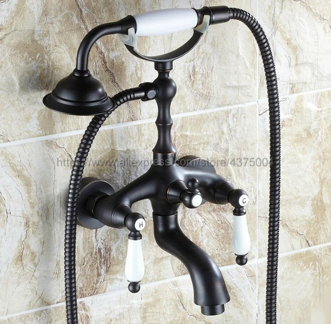 Black Oil Rubbed Brass Wall Mount Telephone Euro Bath Tub Faucet Mixer Tap w/ Handheld Spray Shower Ntf039 bakala brass black in wall shower set rainfall bathroom shower faucet wall shower hot and cold mixer handheld spray sets