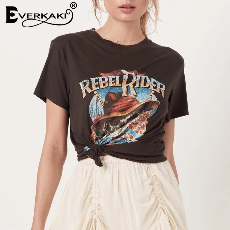 Футболка с принтом Everkaki Rebel Rider, женский топ в стиле бохо, хлопковая черная Винтажная летняя футболка в богемном стиле, женские топы, новинка весны