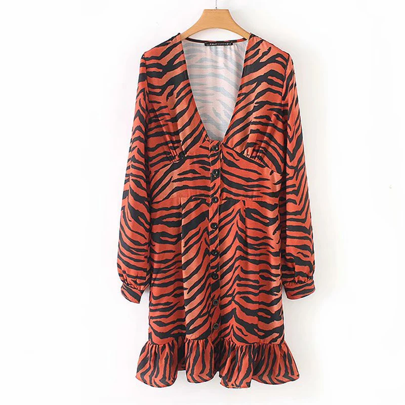 Women's Clothing Dress 2019 Zebra Print Single-Breasted Long-Sleeved Dress Ms Summer Sexy Street Leisure Temperament Clothing