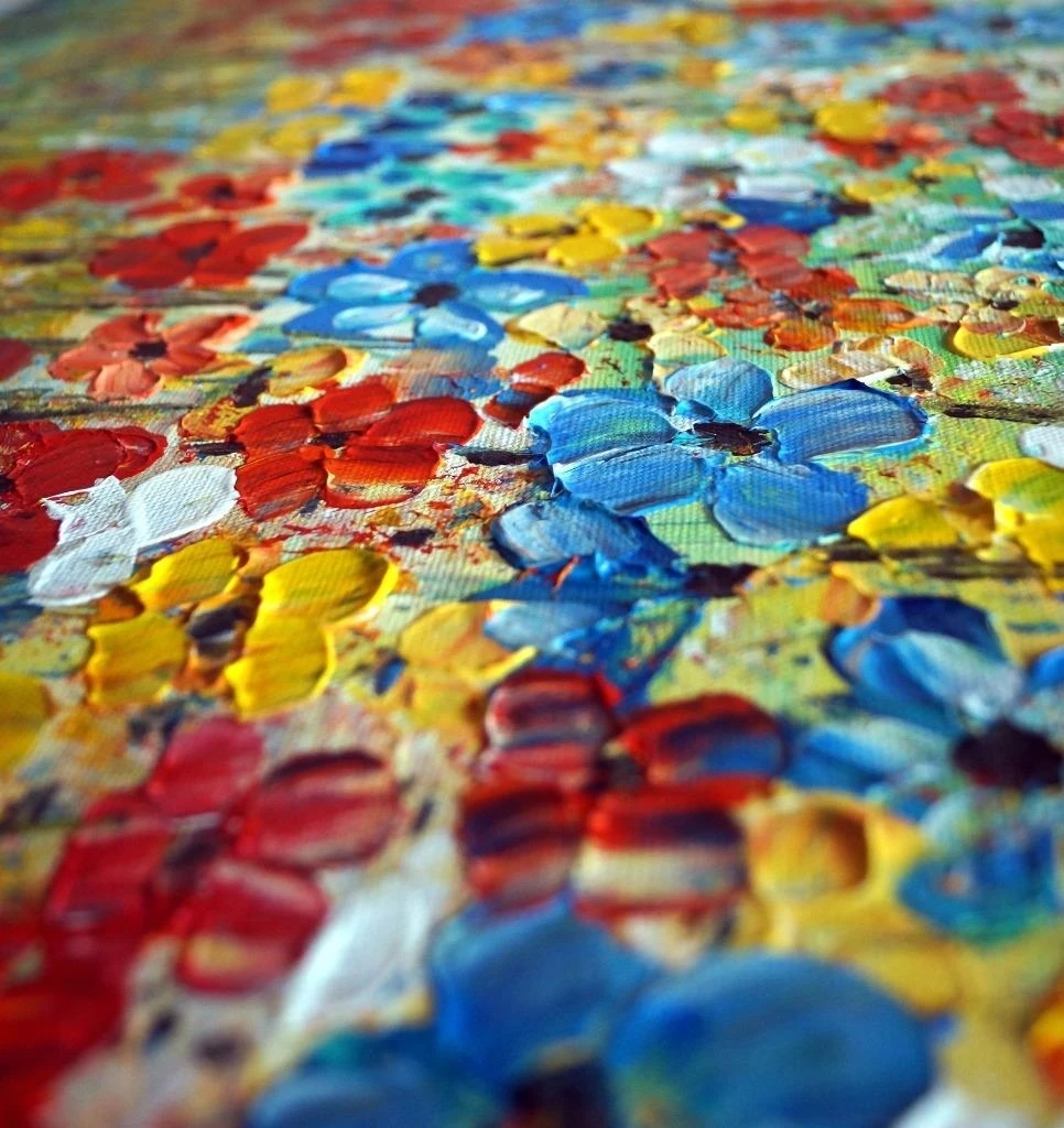 Daisies Colorful Impasto Canvas Painting White, Blue, Yellow, Orange (3)