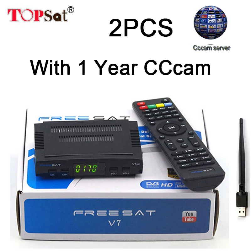 

2PCS Freesat V7 HD Satellite TV Receiver Decoder DVB-S2 + USB Wfi Receptor with 5 lines Europe clines support powervu bisskey