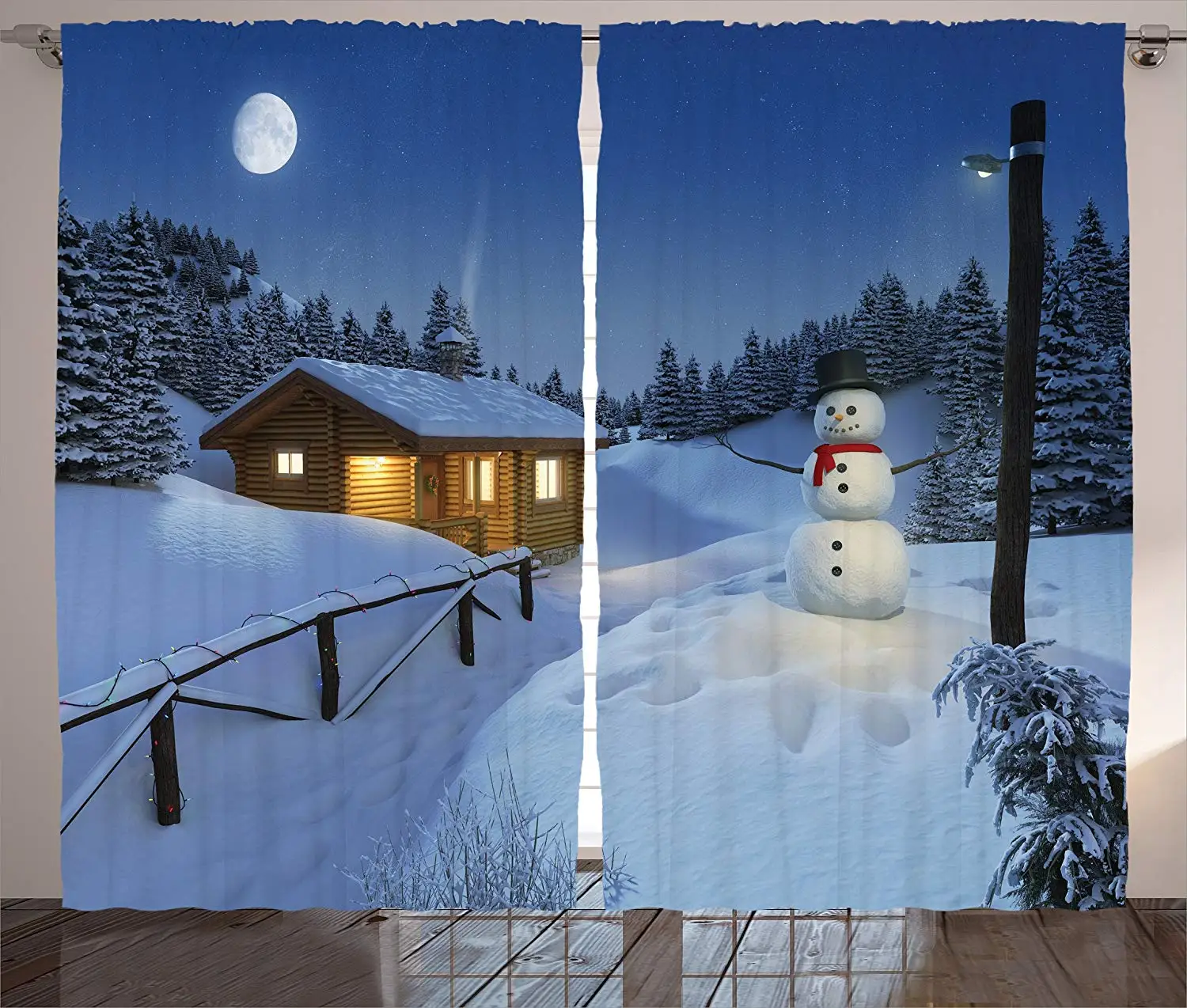 

Christmas Curtains Wooden Rustic Log Cottage Scenery in the Winter Season Warm Moonlight Spirit Living Room Window Drapes