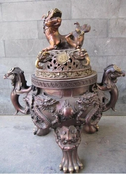

WBY+++ free shipping 19'' red bronze carvings dragon fu foo dog lion burn incense censer statue