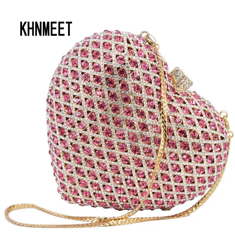 Heart shaped Pink Crystal Boutique Wristlets Diamond Evening Bags Chain Clutch Bags Wedding ...