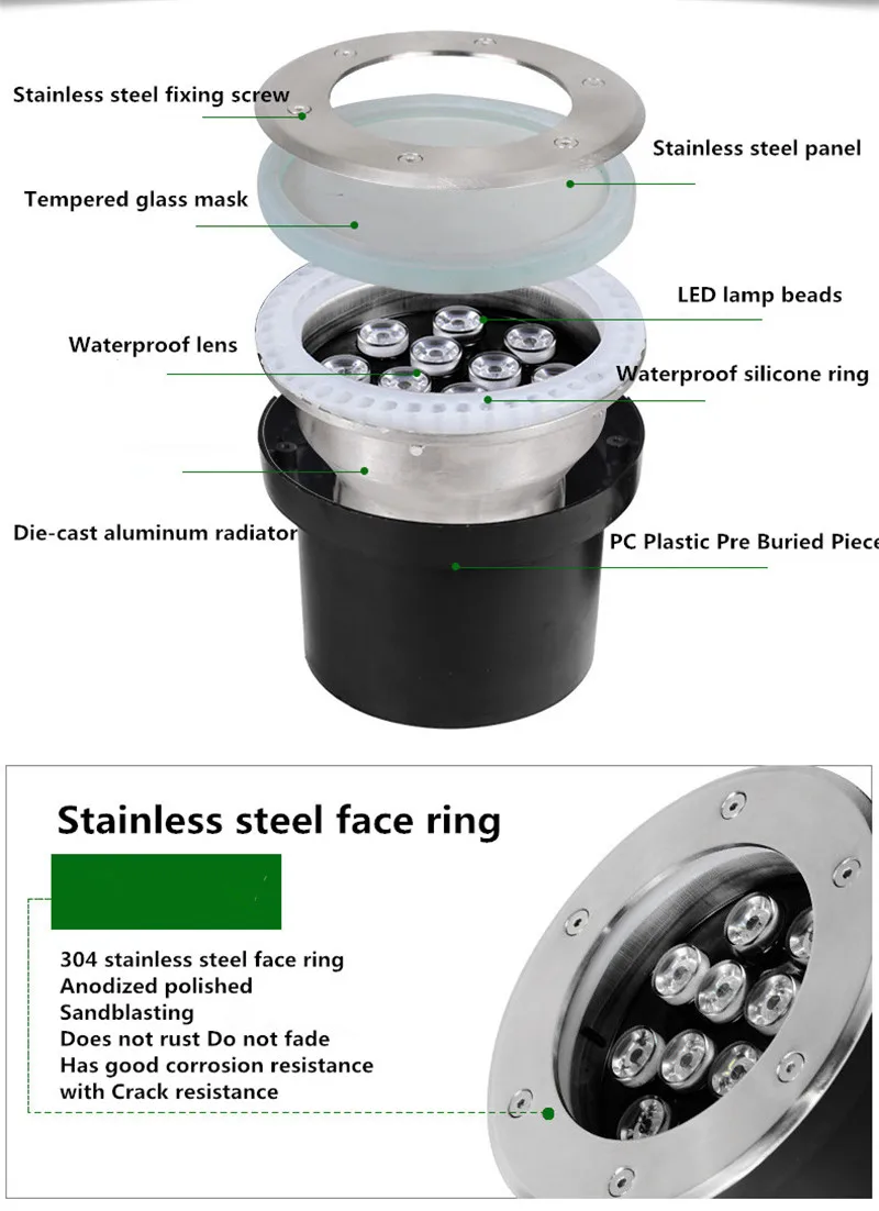 LED Underground Light 9W 12W  Floor Lamp Outdoor Ground Spot Landscape Garden Square Path Buried Yard AC12V/24V IP68 Spotlight