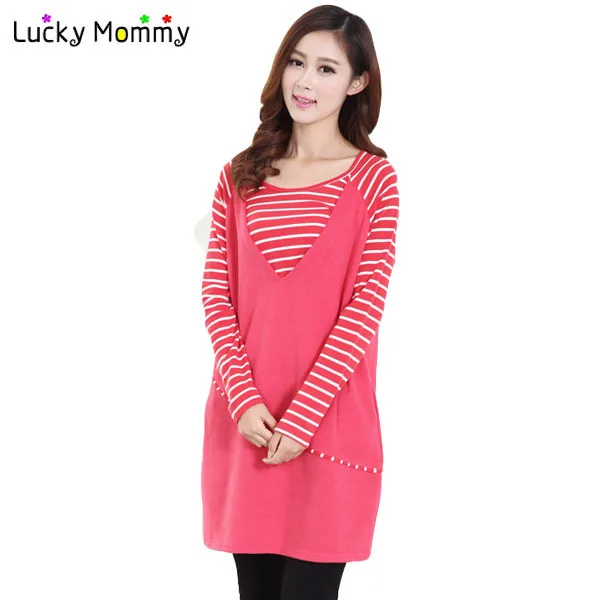 

Fall and Winter Striped T shirt Dresses for Pregnant Women Maternity Clothing for Feeding Breastfeeding Dress Nursing Clothes