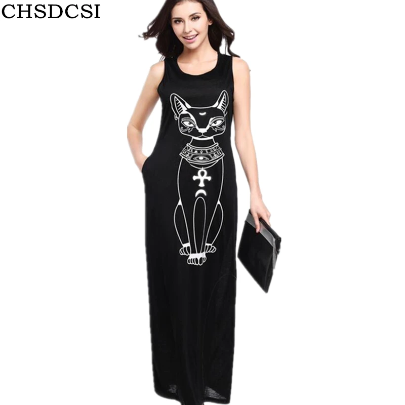 

Sexy Evening Party Dresses Women 2018 Wine Red Black Woman Sexy Boho Long Maxi Dress Strap Cartoon Cat Print Beach Clothing S143