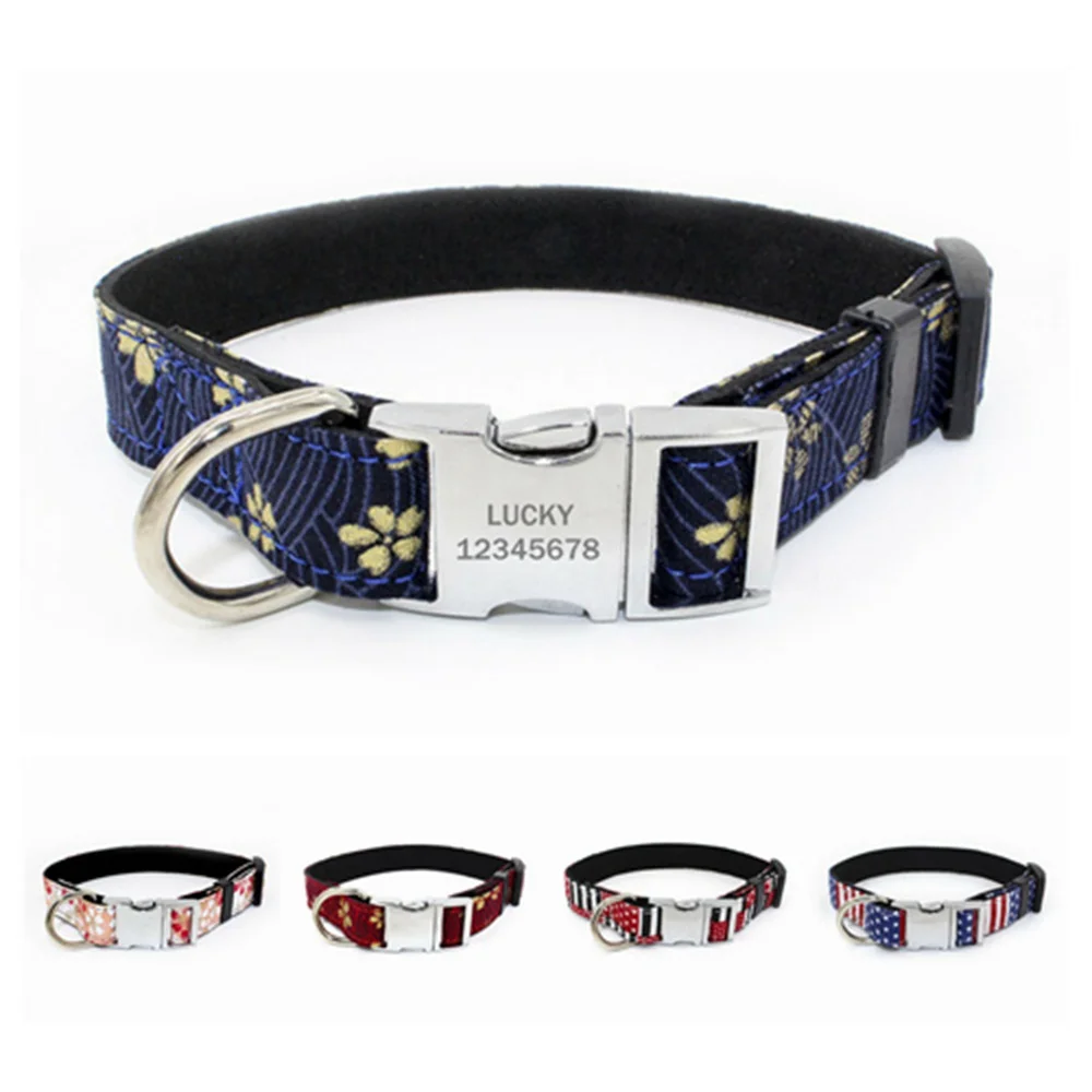 Engraved Dog Collar Nylon Personalized Safe Dog Collars with Metal Adjustable Buckle For Small