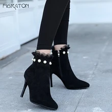 

Figraton Women's Ankle Boots Autumn Winter Shoes Zipper Elegant Flock String Bead Solid Color Pointed Toe Thin High Heels