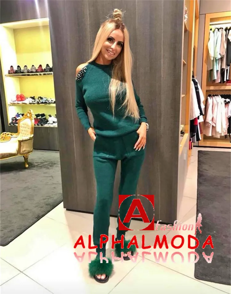 ALPHALMODA зимний женский свитер с открытыми плечами и бисером, комплект из 2 предметов, однотонный Свободный Повседневный джемпер, топ и брюки, женский костюм