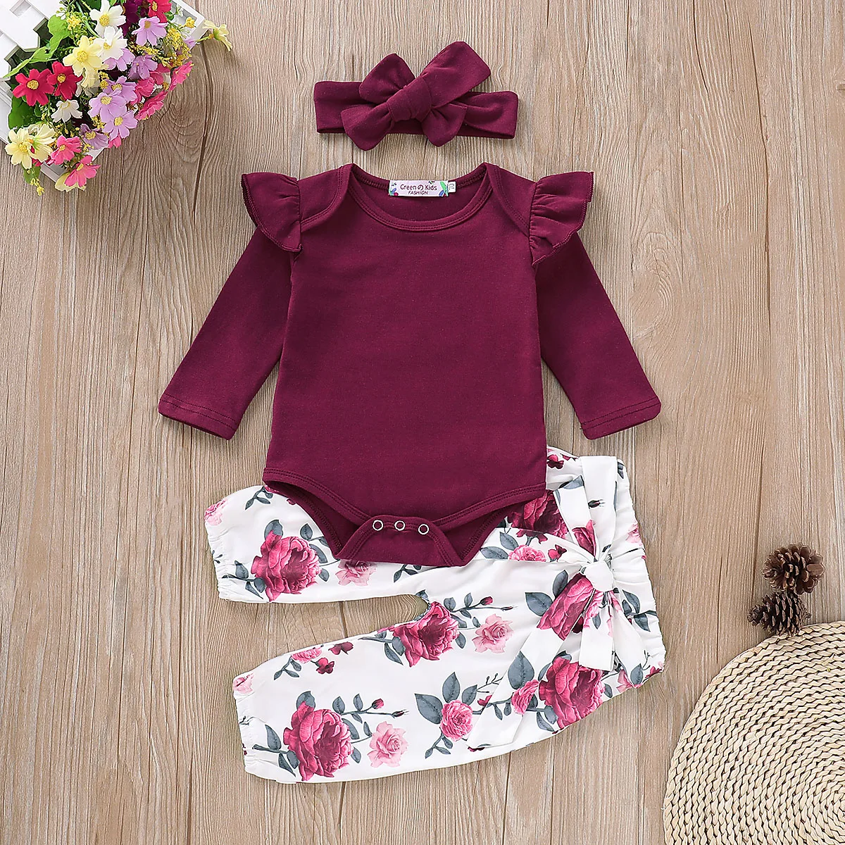 Одноцветный комплект одежды для маленьких девочек 0-2 лет, чистый красный топ+ штаны с принтом розы+ Мягкая повязка на голову, комплект для малышей, быстрая, D20