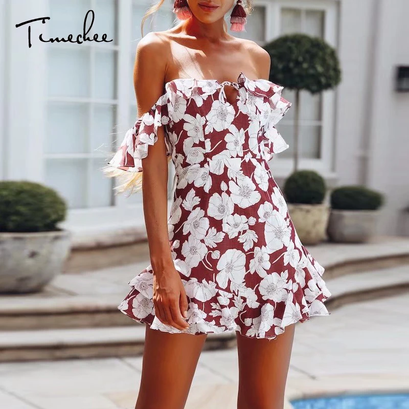 Летнее платье Timechee Для женщин сладкий печати оборками Slash шеи короткий рукав Fit and