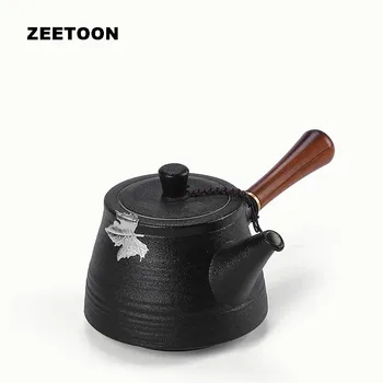 

300ml Black Zen Boutique Handmade Inlaid Tin Maple Leaf Coarse Pottery Wood Side Handles Teapot Kung Fu Tea Set Teaware Tea Pot