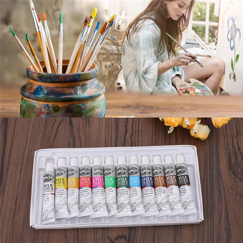 6 ML 12 Color Professional Acrylic Paint Watercolor Set Hand Wall Painting Brush