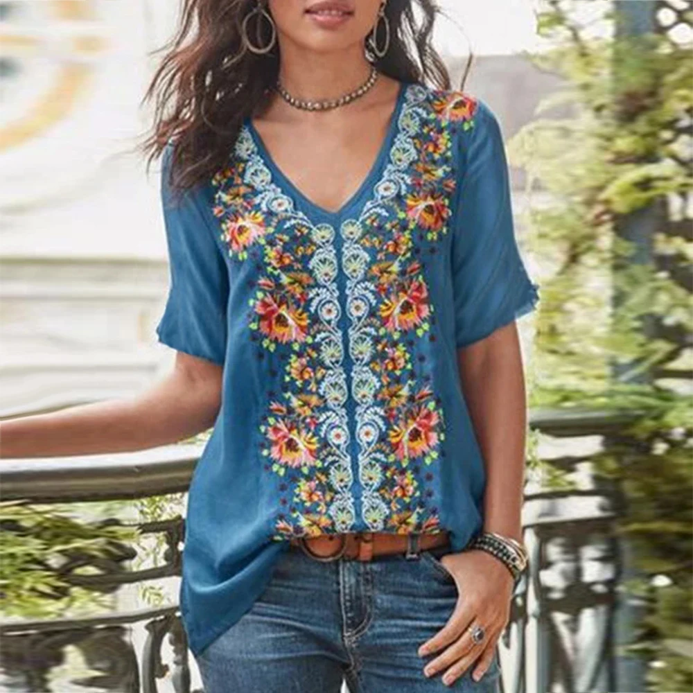 Plus Size Tunic Vintage Floral Print Short Sleeve Blouse Female V-Neck Casual Patchwork Shirt Women's Summer Blouses 2019