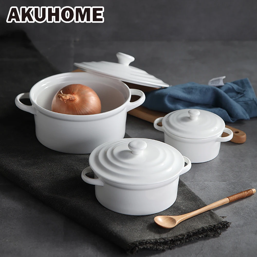 

Ceramic Rice Bowl Tableware Double Ear with Lid Soup Bowls Simple and Creative Salad Cutter Bowl Akuhome