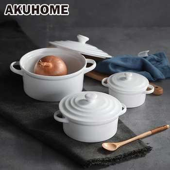 

Ceramic Rice Bowl Tableware Double Ear with Lid Soup Bowls Simple and Creative Salad Cutter Bowl Akuhome