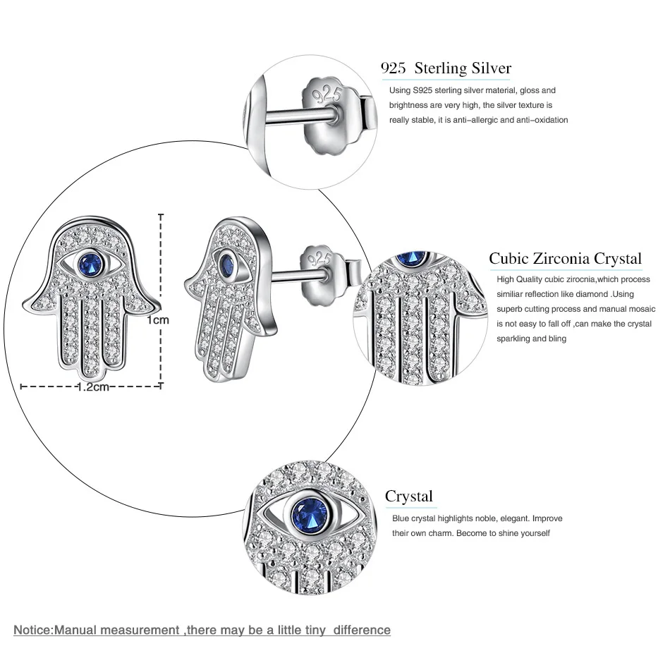 FOREWE Винтажные серьги-гвоздики Fatima Hamsa из стерлингового серебра 925 пробы для женщин, серьги с голубым глазом и кристаллами, подарок на удачу
