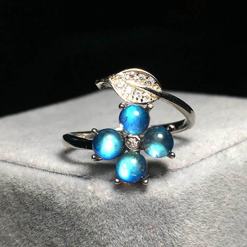 

Blaike 925 Sterling Silver Labradorite Rings For Women Zircon Leaf Round Blue Moonstone Ring Female Open Adjustable Flower Ring