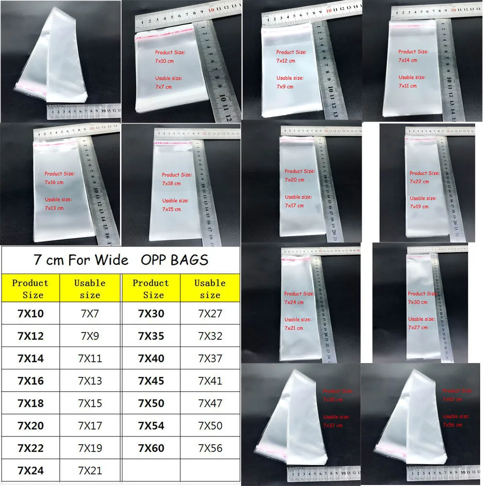 

Hot 15 sizes width 7cm Self Seal Resealable Bag Clear Bag Poly Plastic Opp Bag/50/100pcs