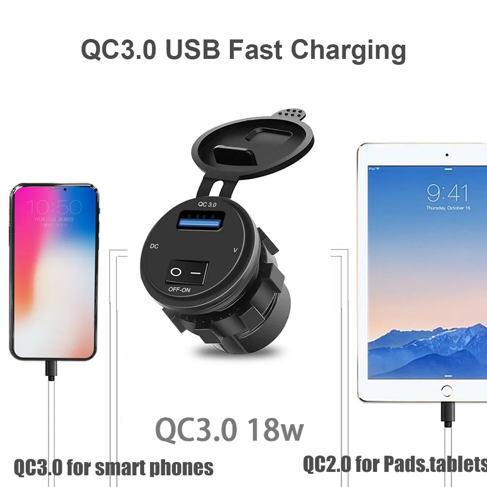 

QC 3.0 USB 18W Phone Fast Charging Motor Power Adapter with Switch LED Voltmeter Voltage Display Vehicle DC12V-24V Waterproof
