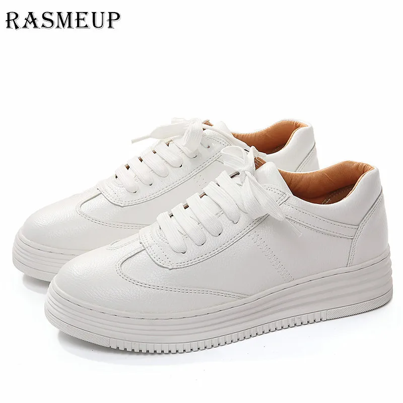 

RASMEUP Leather Women's Soft White Shoes 2018 Autumn Spring Women Comfortable Lace Up Flats Woman Platform Sneakers Footwear