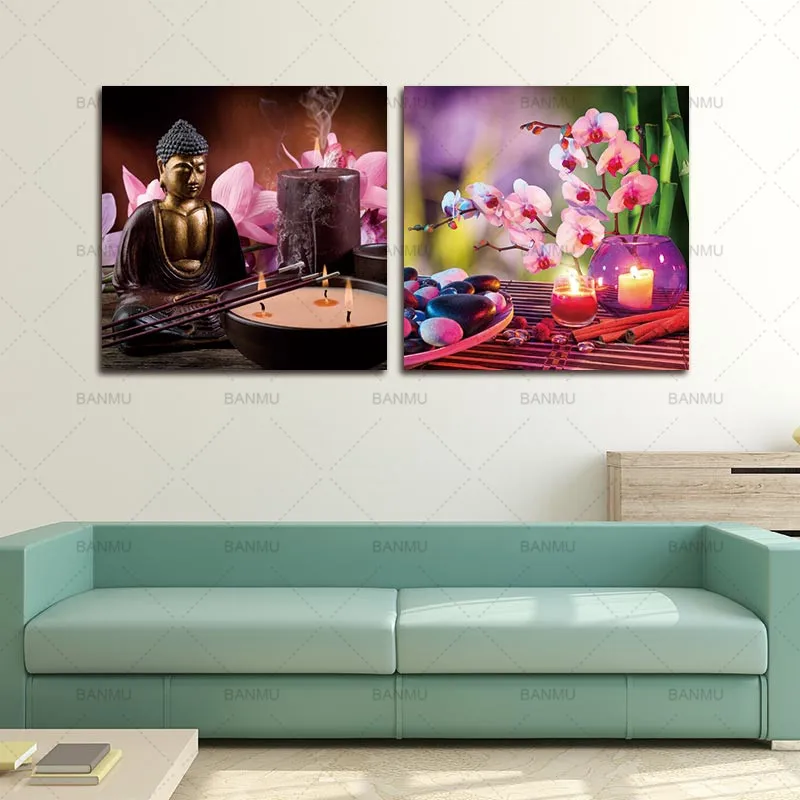 Koop BANMU Boeddha Canvas schilderij wall art decor Art spa steen met Vlinder Orchidee Foto Canvas bamboe en kaars
