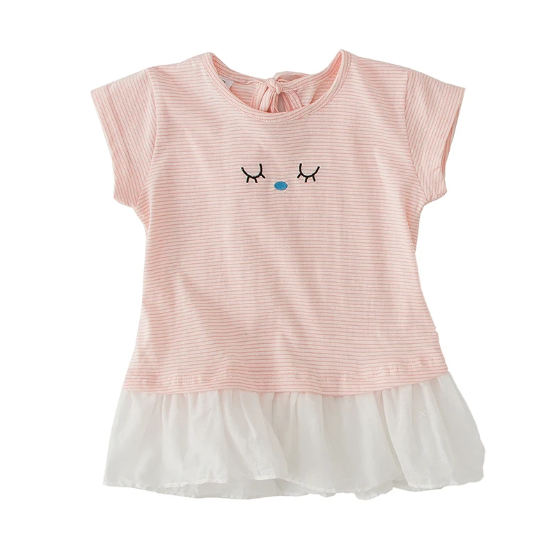 

High Quality Summer New Girl sleeve head . t-shirt striped round neck short sleeve cute style kids tops