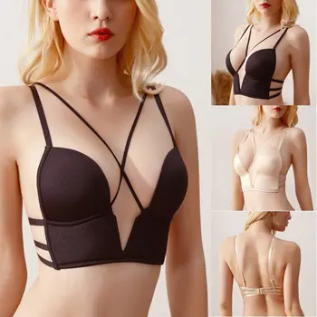 

2019 Women New Solid Padded Smooth Wire Free Deep V No Steel Ring Beauty Back Gathered Bra Super Sexy Hollow Sexy 3/4 Cup Bra