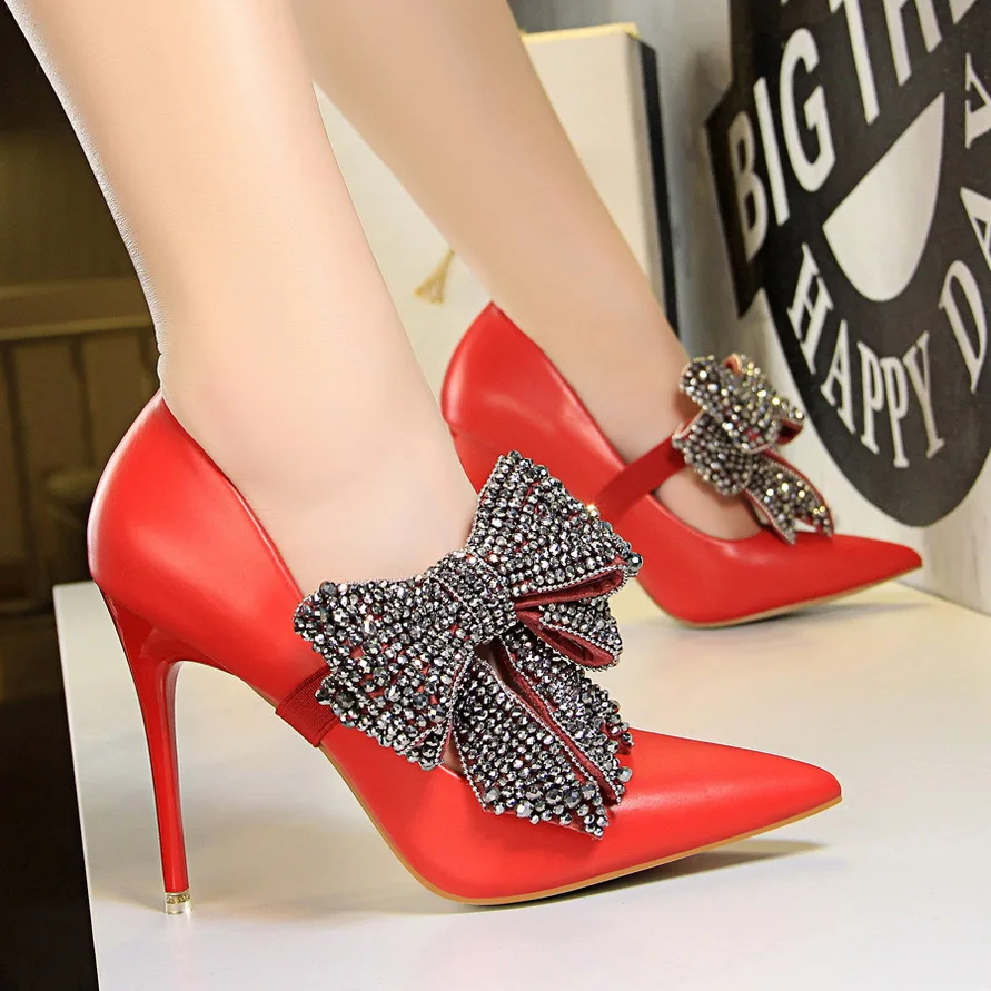 

2019 New Korean Version of Elegant High Heel Women Shoes Super High with Shallow Mouth Pointed Word with Rhinestone Bow Shoes