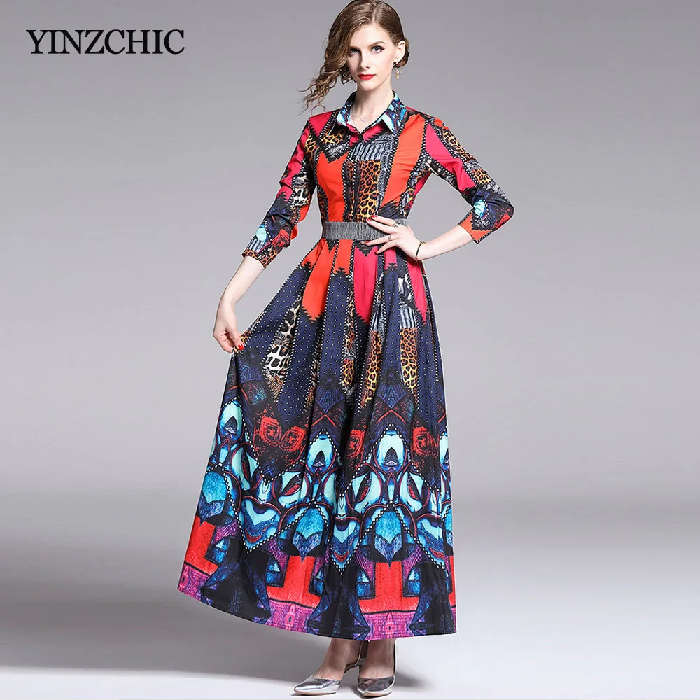 

Slim Woman Autumn Print Long Dress Offlce Lady Elegant A-line Party Dresses Turn-down Collar Female New Dress Ethnic Print