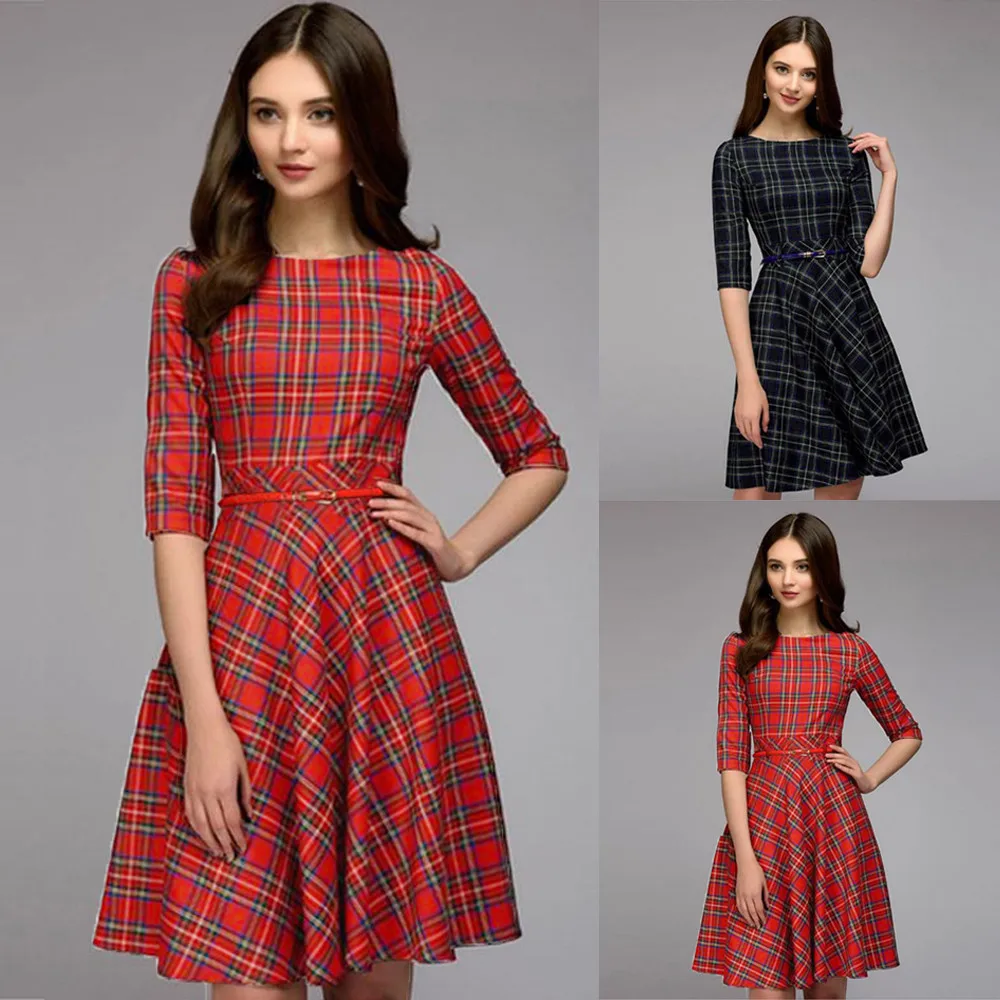 

Milanolove Womens Plaid Vintage Casual dresses woman party night Half Sleeve Stretchy Work Office Knee Length Dress
