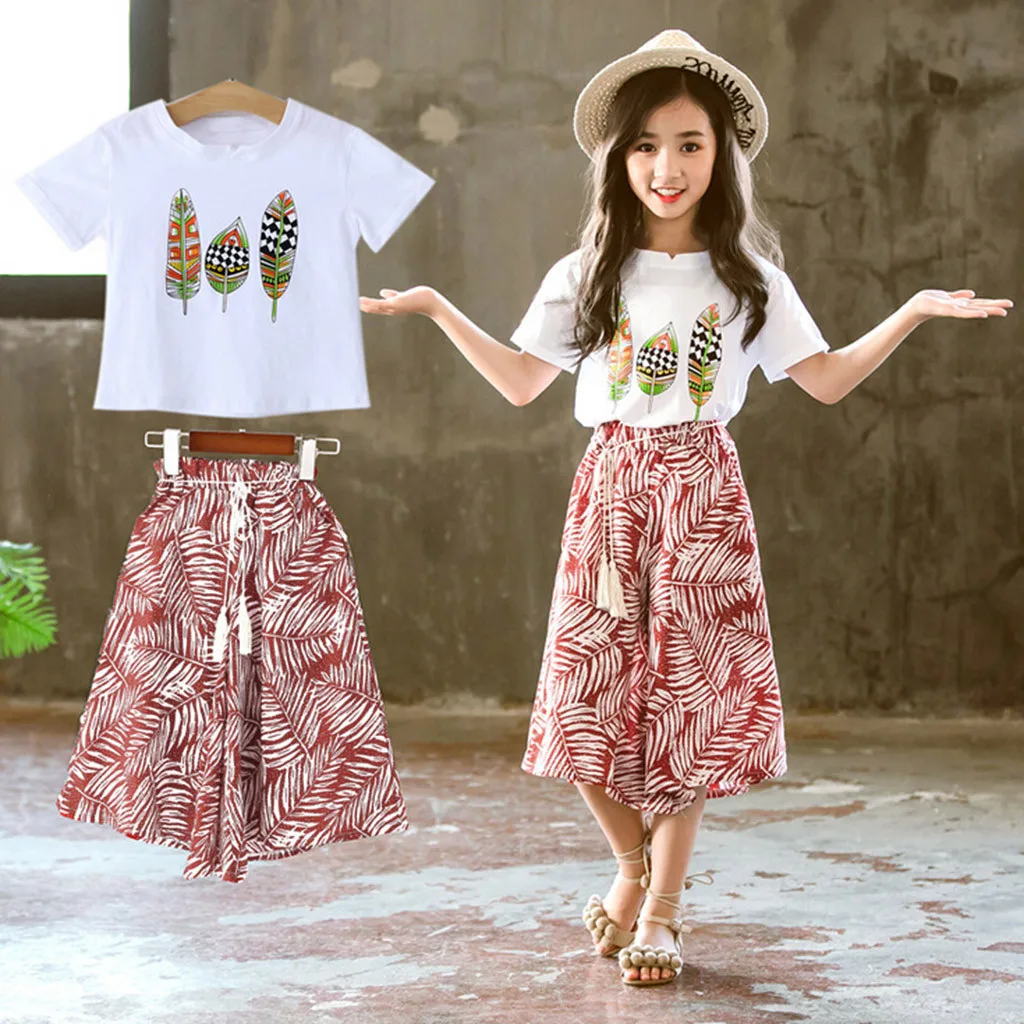 Летняя одежда для маленьких девочек комплект из 2 предметов, футболка с принтом Топ+ широкие штаны летняя одежда для девочек-подростков От 4 до 14 лет