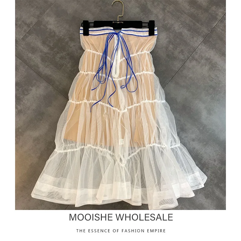 

2019 Summer New Drawstring Bow Elastic Corrugated A Version Of A Line Woman Yarn Skirt