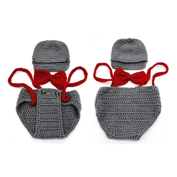 

HOT SALE Newborn baby handmade crochet point clothing support photo costume hat + pants (suspenders, Gray)