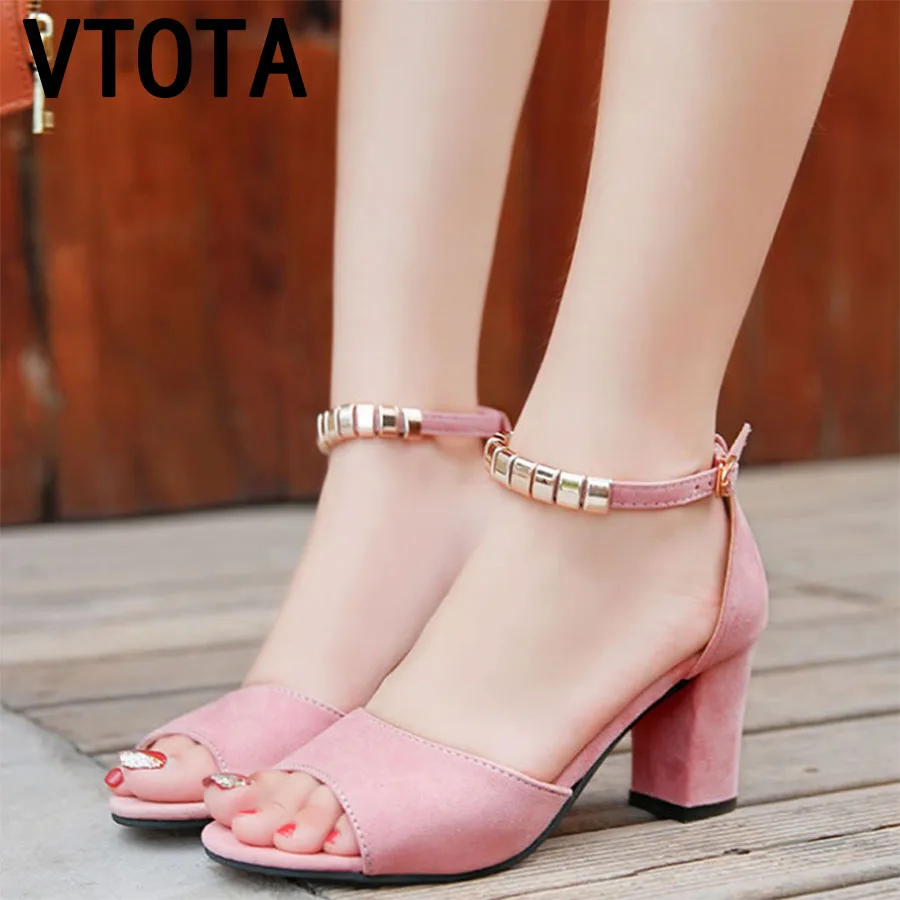 

VTOTA Metal String Bead Summer Women Sandals Open Toe Shoes Ladies Sandals Buckle Strap Chunky High Heels Party Dress Sandals