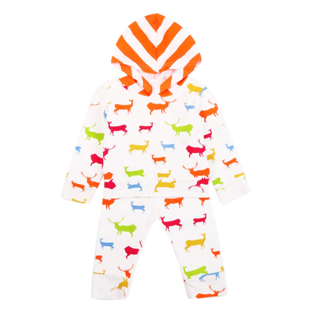 

Colorful Deer Printed Baby Boys Girls Clothes Set Fashion Casual Hooded Long Sleeved Coat Top + Long Pants Spring Autumn Outfits