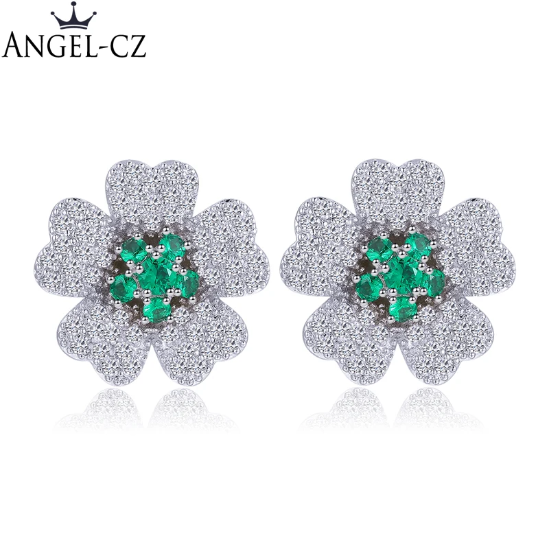 Элегантные большие серьги ANGELCZ с зеленым кристаллом и белым цирконием
