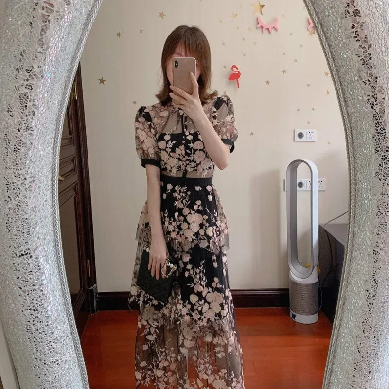 

Summer Black Mesh Pink Flower Sequined Midi Dress Embroidered Chic Elegant Cake Dress