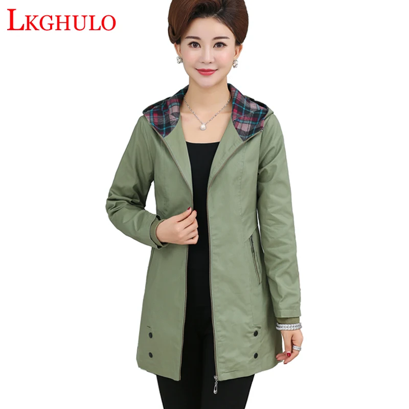

LKGHULO Female Windbreaker Plue size 4XL Middle-aged Mother Loose Hooded Outerwear Tops Long sleeves Autumn Trench Coat A341