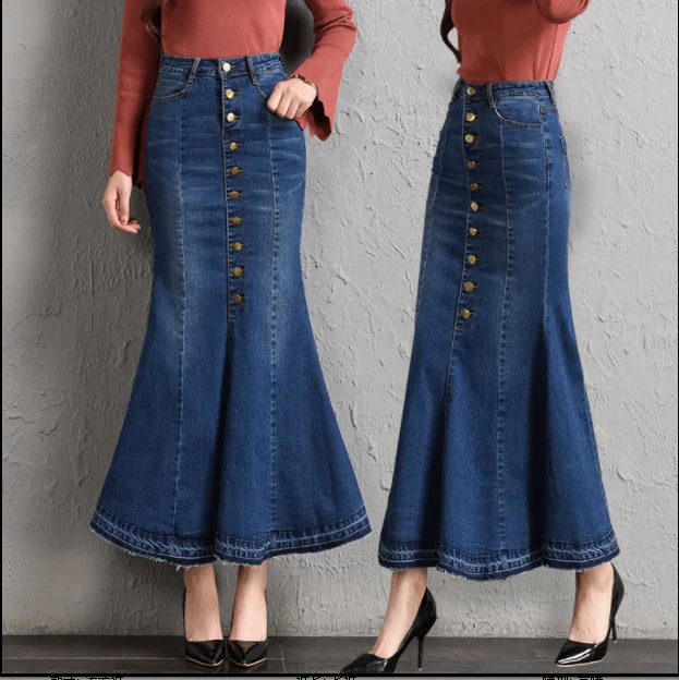 Плюс Размеры Fit 9XL Для женщин Мода Джинсовые юбки на весну и зиму однобортный джинсы студенты юбка с высокой талией рыбий хвост юбки