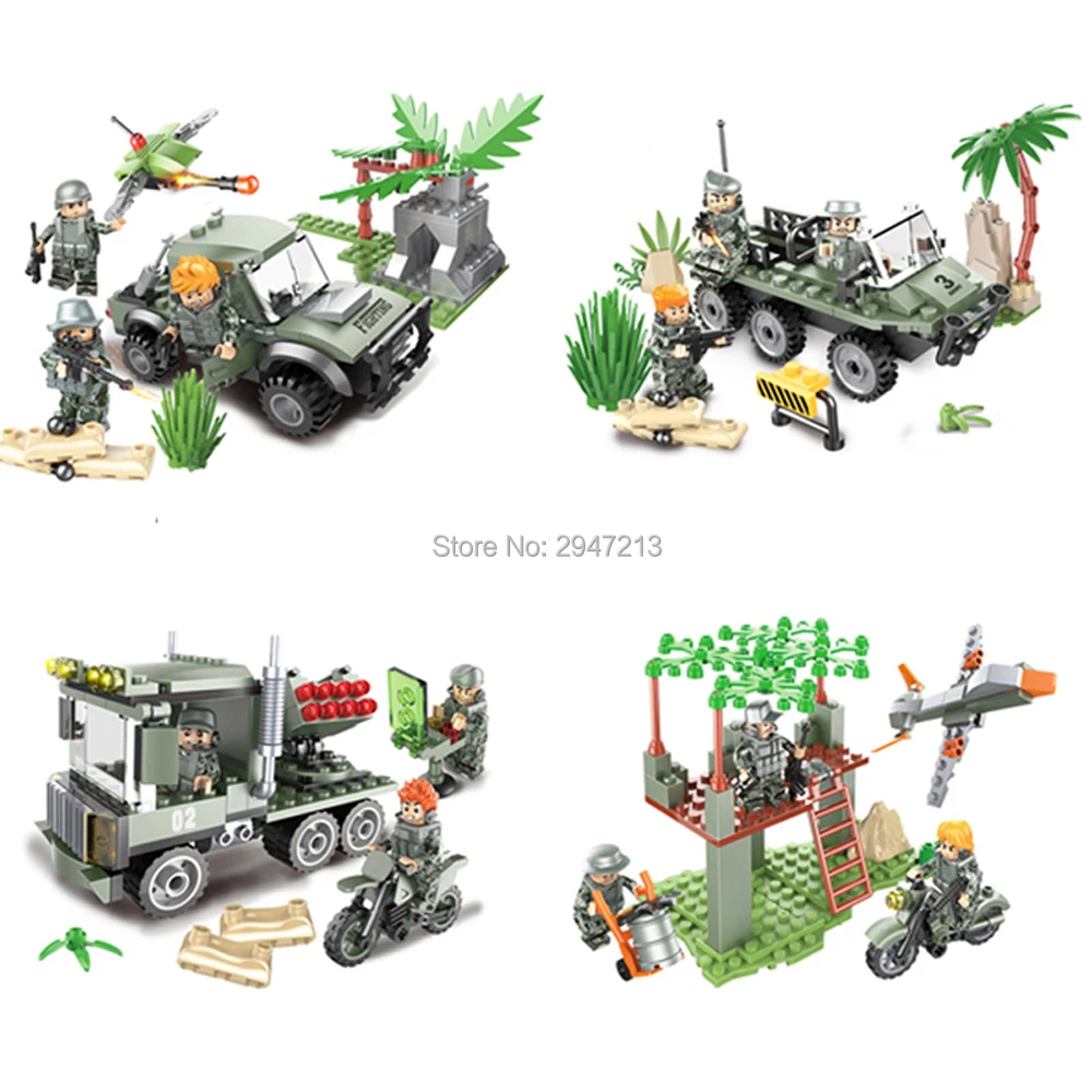 

hot LegoINGlys military WW2 base missile Armor vehicles jungle war Building Blocks mini army figure brick toys for children gift
