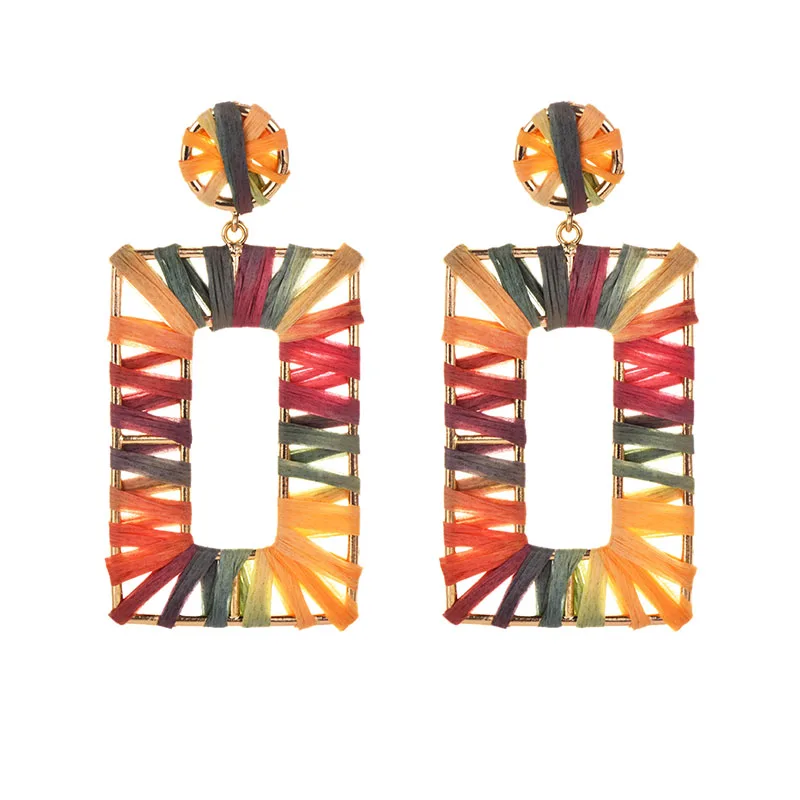 

Vintage Raffia Rectangular drop Earrings for women Bohemian indan hand made Maxi big Colorful Gray dangle Earring Christmas