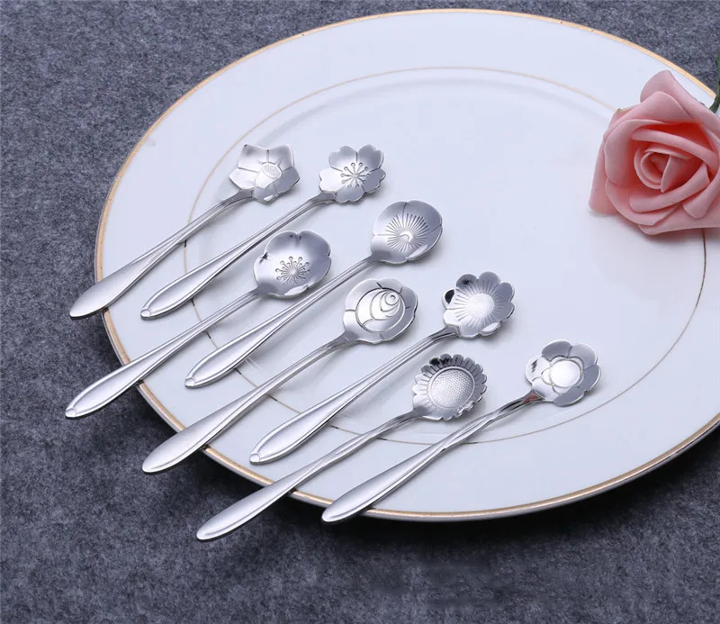 

8pcs/set Tableware Flower Shape Sugar Stainless Steel Silver Tea Coffee Spoon Teaspoons Ice Cream Flatware