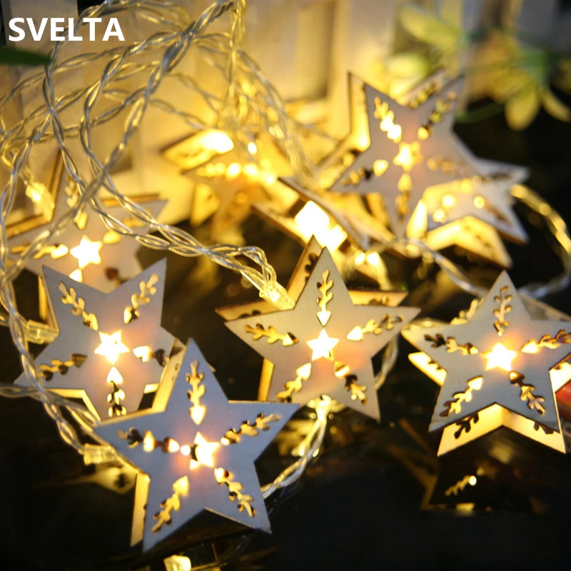 SVELTA 3 В 1,2 м 10 светодиодный Деревянная звезда огни строки гирлянда Батарея питание рождественских каникул Gerlyanda для декора огни